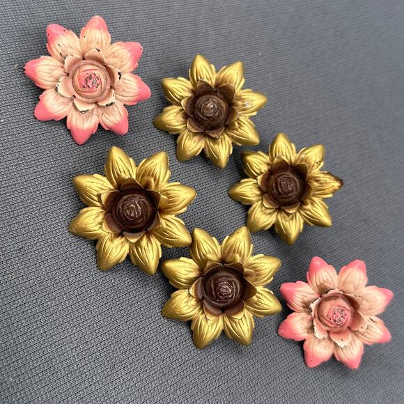VTG Curtain Tie Backs Floral Push Pin Tack Button Flower Gold Pink Metal Lot 6 - Picture 1 of 14